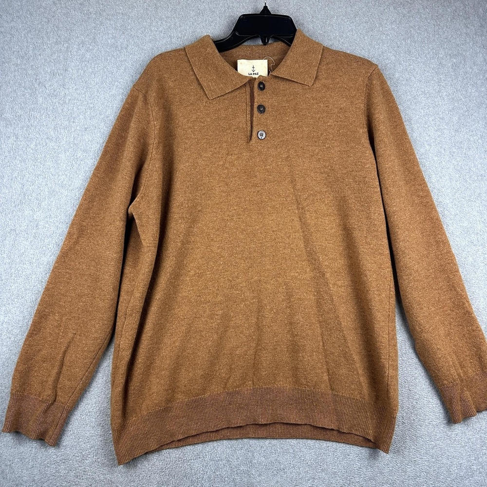La Paz Sweater Mens Large Brown 100% Geelong Wool Collared Pullover Portugal